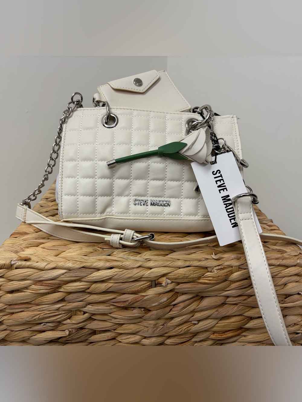 Steve Madden Cream Quilted Crossbody with Green Flower Charm